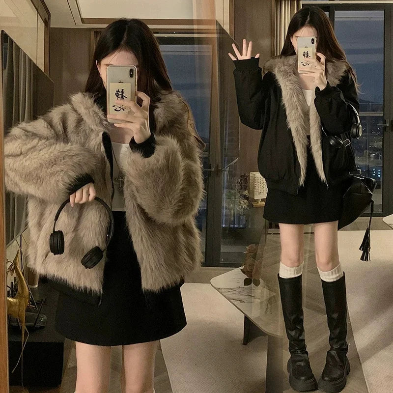 From The Vendor Field Women Hooded Double Sided Fur Coat
