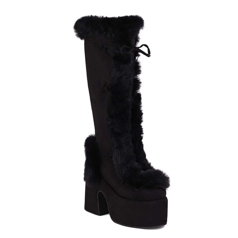 GIGIFOX Fur Super Chunky High Heel Platform Mid Calf Boots For Women
