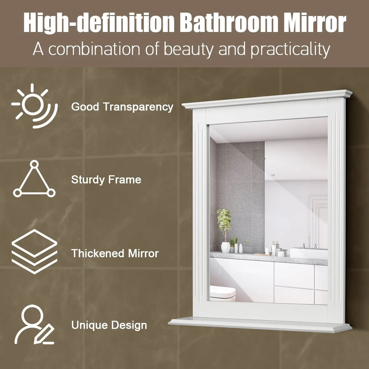 Hign-concerned Bathroom Wall Mirror With Shelf Square Vanity Mirror