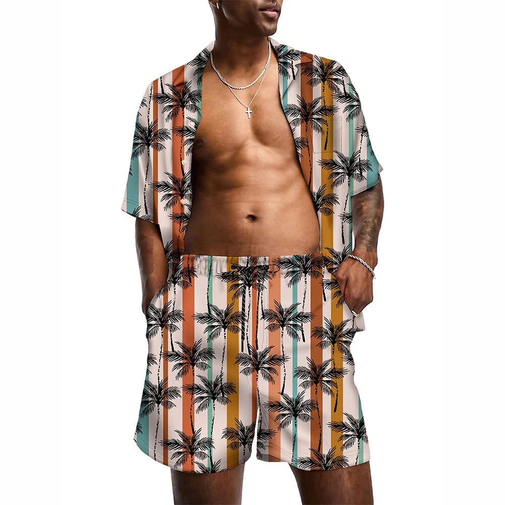 KYKU Mens Hawaiian Shirt and Short Set - Summer Short Sleeve Button Down Beach Shirts Tropical Vacation 2 Piece Outfits