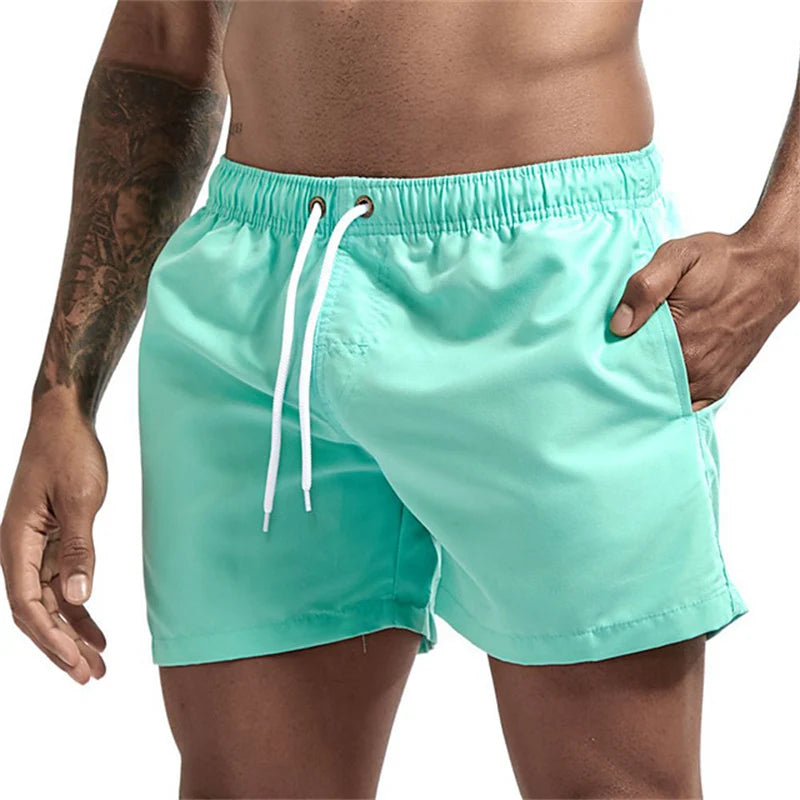 Mens Swim Trunks with Mesh Lining Side Pockets Solid Beach Shorts Quick Dry Lightweight Drawstring Board Shorts Summer Swimwear