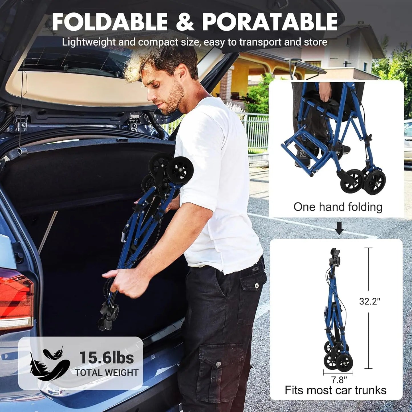 Folding 2-In-1 Rollator Walker All-Terrain Transport Wheelchair For Seniors