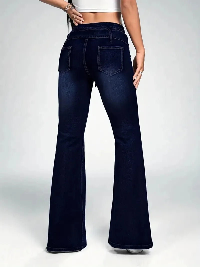 Womens Slim Fit Flare Jeans With Decorative Strap Buckle