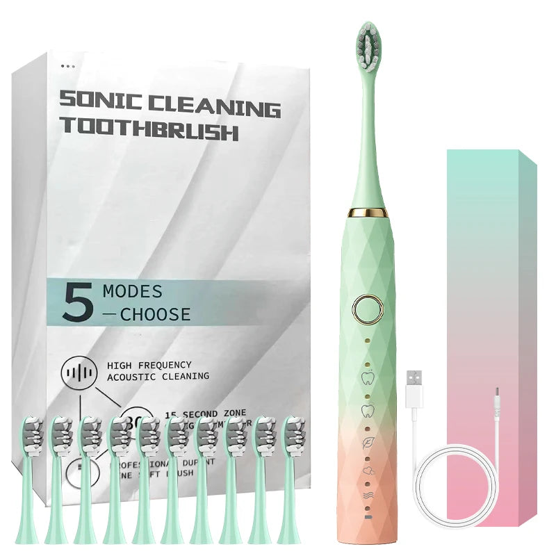 Electric Rotary Toothbrush With Timer USB Rechargeable 10 Heads Waterproof