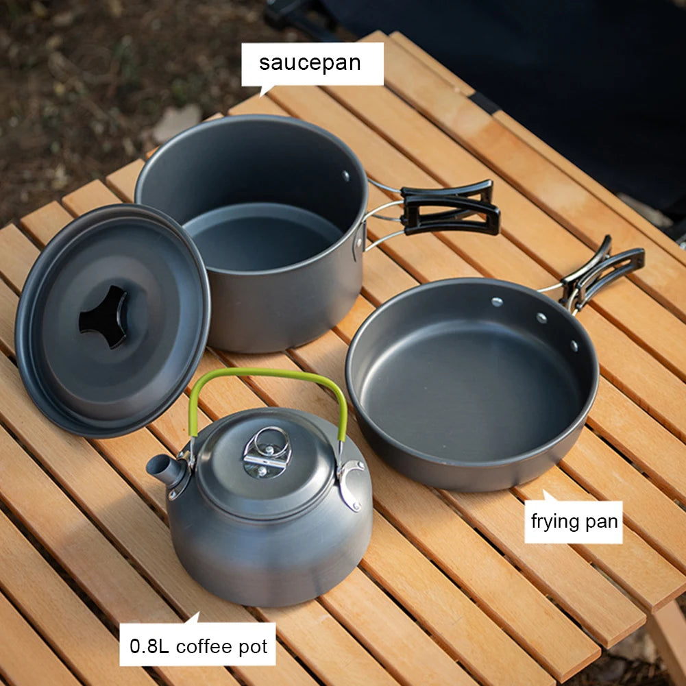 APWIKOGER Camping Cookware Set 3 Piece Outdoor Pot Pan Kettle With Mesh Bag