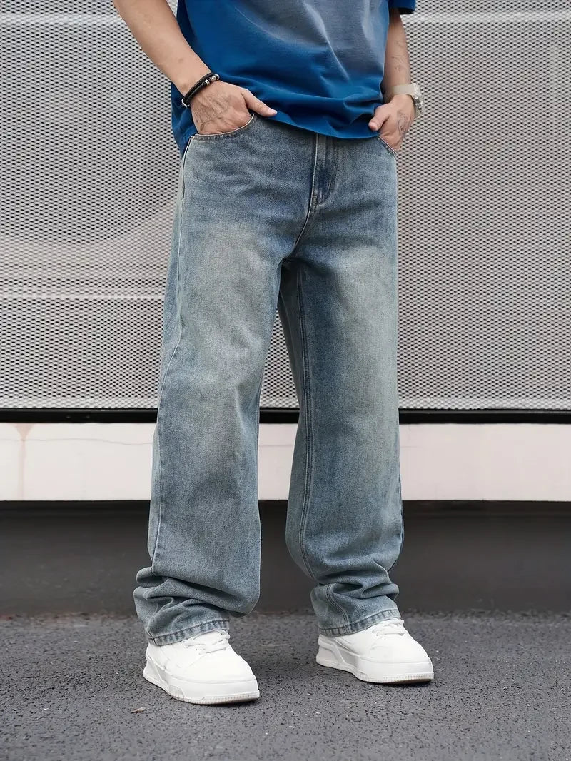 NONECN Men's Casual Straight Jeans Loose Fit Oblique Pocket