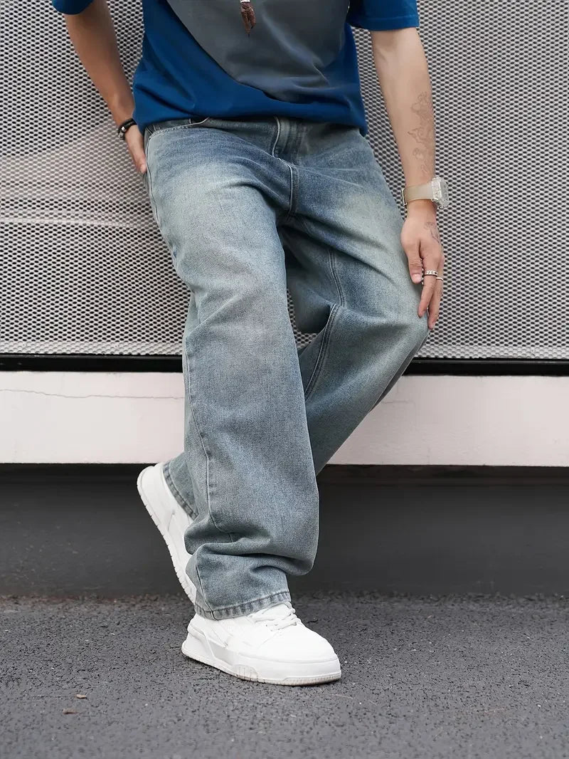 NONECN Men's Casual Straight Jeans Loose Fit Oblique Pocket