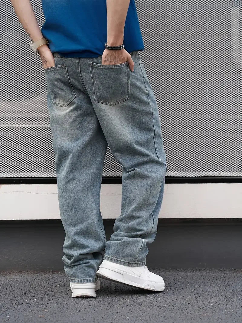 NONECN Men's Casual Straight Jeans Loose Fit Oblique Pocket