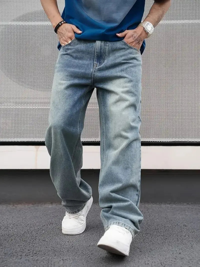 NONECN Men's Casual Straight Jeans Loose Fit Oblique Pocket