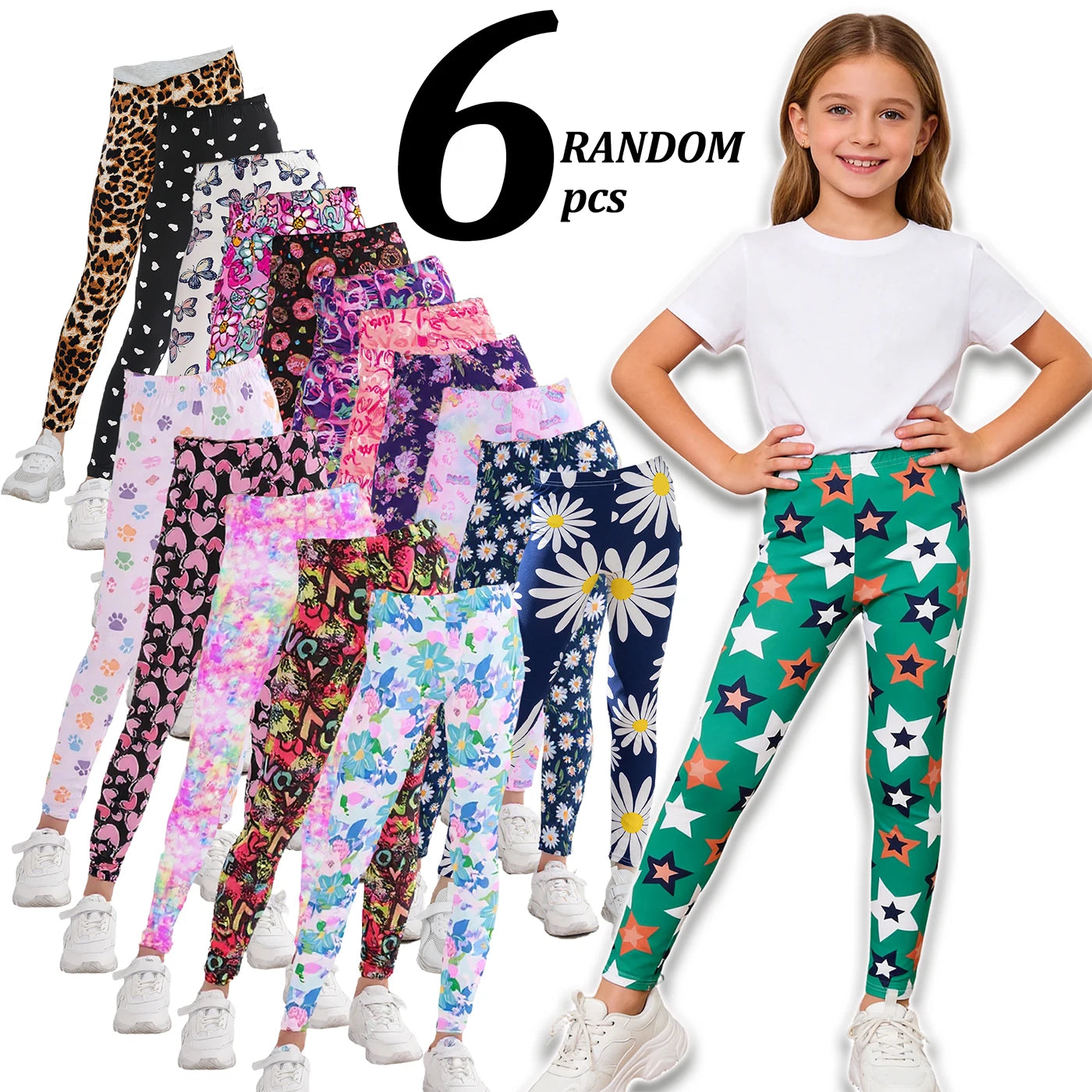 NONECN Girls Leggings Set Six Designs Flower Prints Fashionable