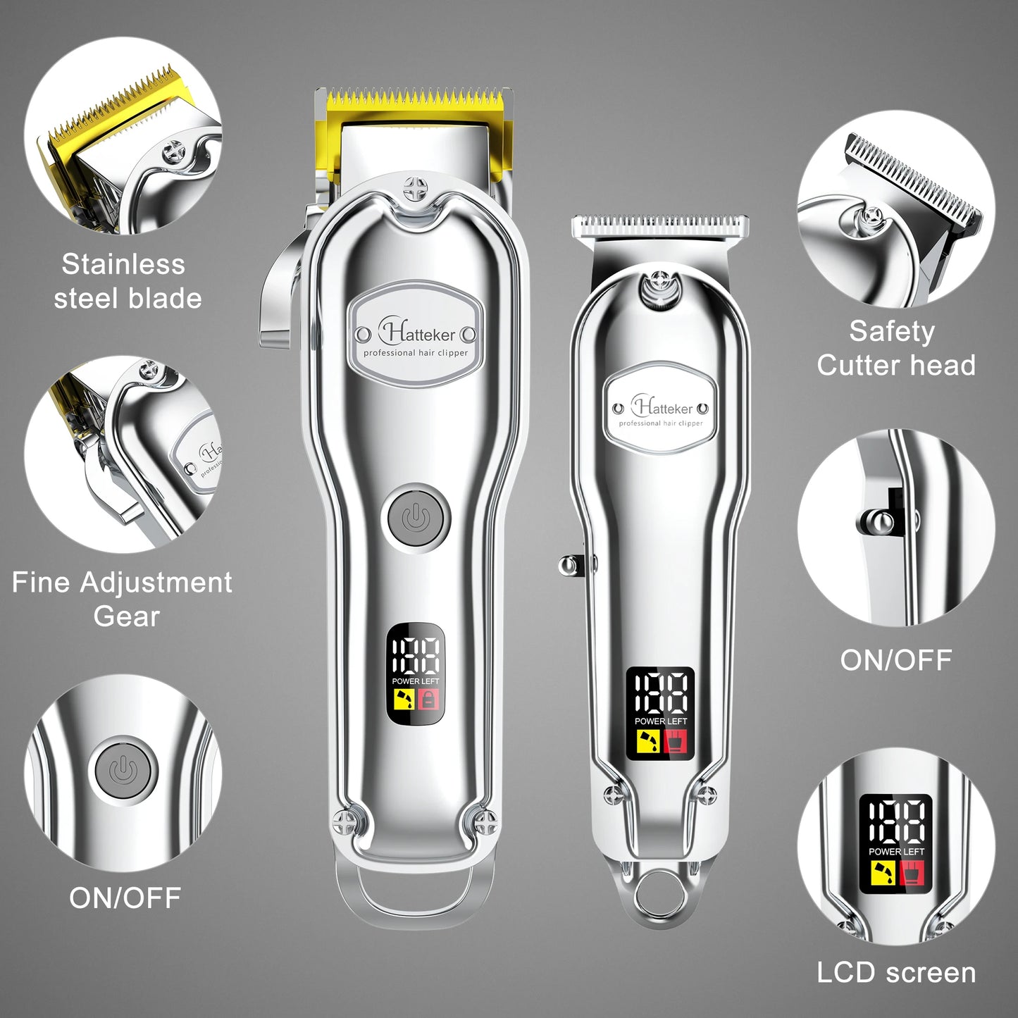 Hatteker Professional Hair Clipper Set Cordless Electric Trimmer with LCD