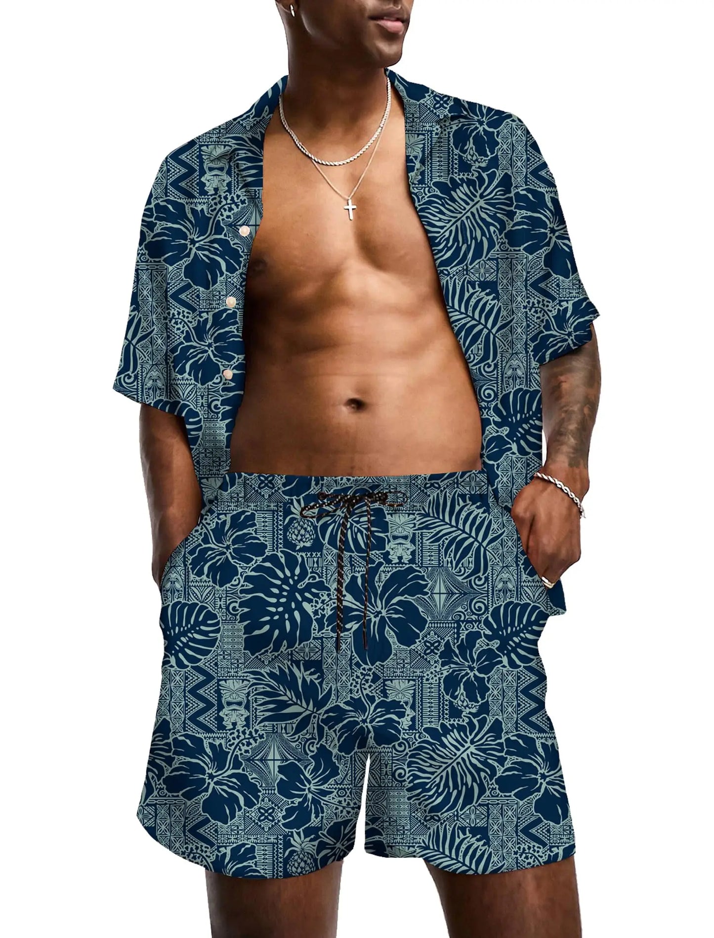 KYKU Mens Hawaiian Shirt and Short Set - Summer Short Sleeve Button Down Beach Shirts Tropical Vacation 2 Piece Outfits