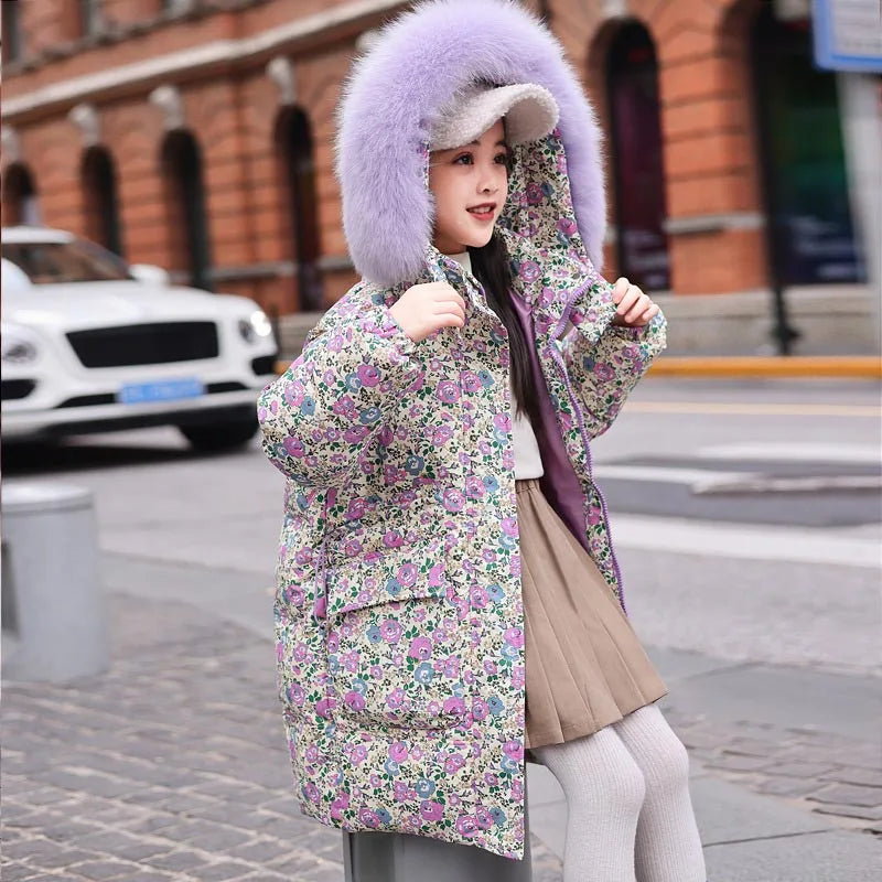 Girls Duck Down Hooded Winter Coat With Floral Print Outerwear