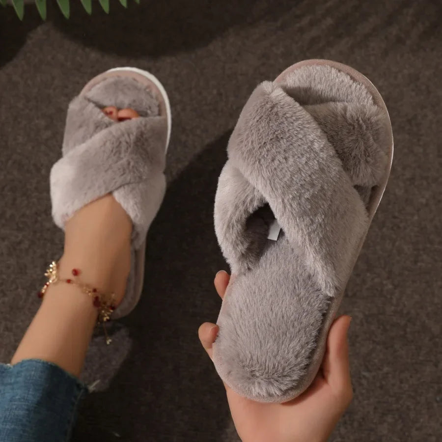 Women Cross Strap Fur Slippers Indoor Plush Home Shoes