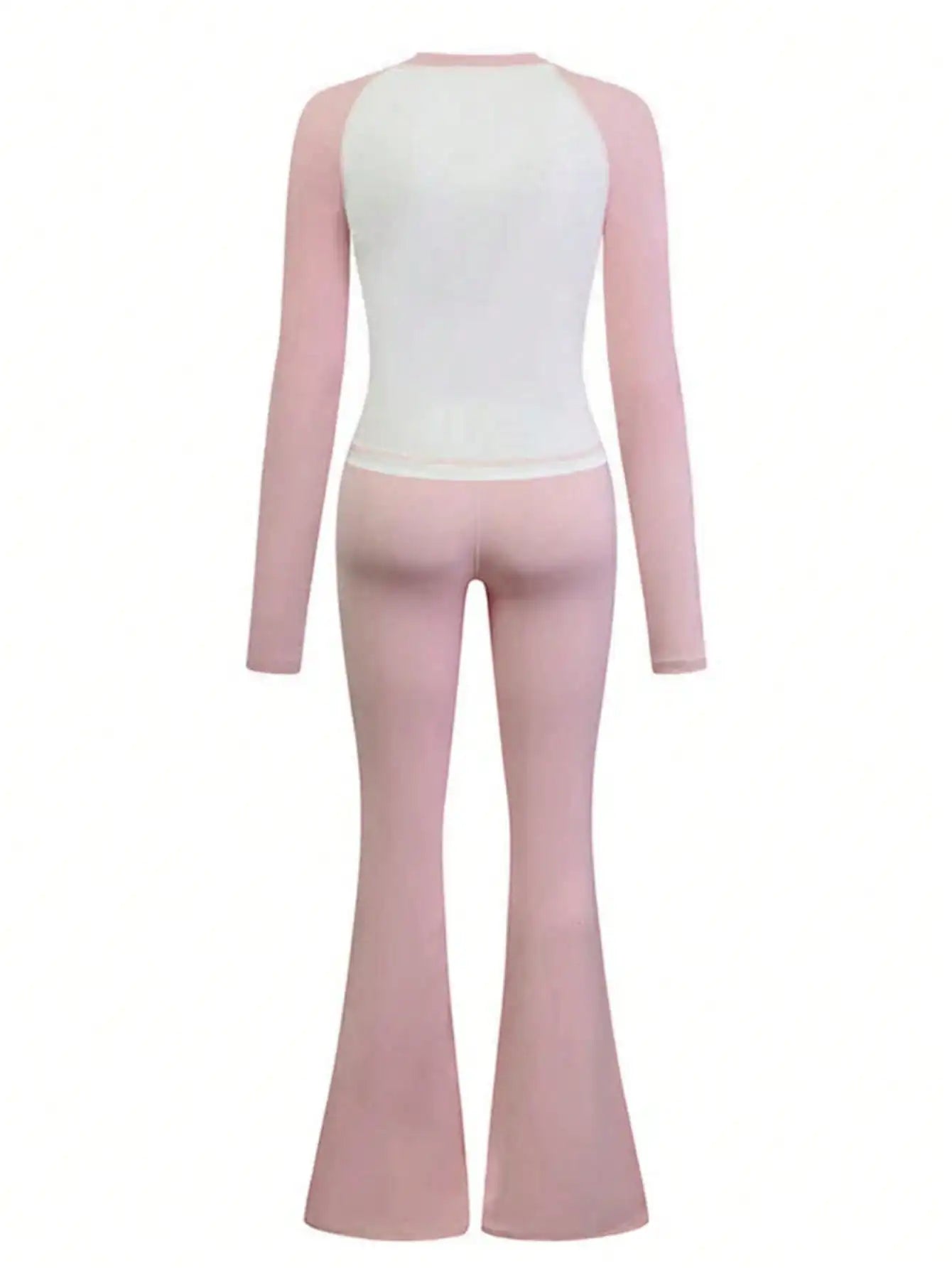 Fisoew Women Contrast Color Top And Flare Pants Sports Set