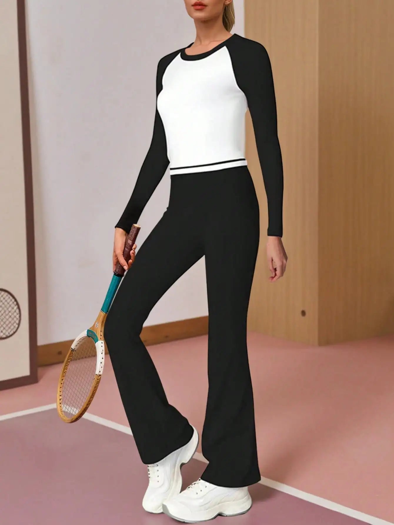 Fisoew Women Contrast Color Top And Flare Pants Sports Set