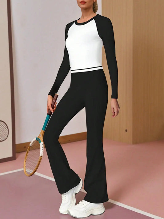 Fisoew Women Contrast Color Top And Flare Pants Sports Set