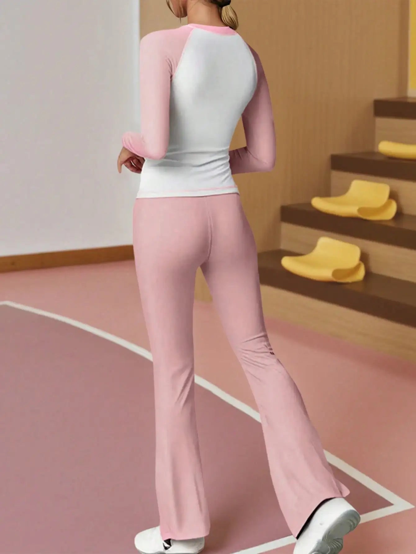 Fisoew Women Contrast Color Top And Flare Pants Sports Set