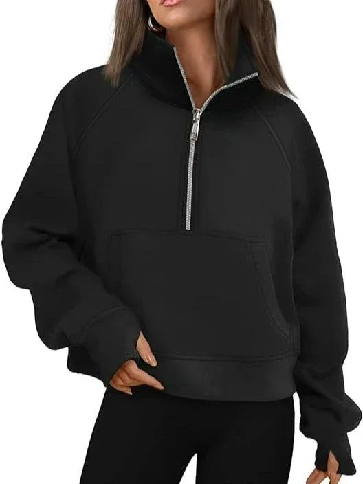 Women's Stand Collar Fleece Hoodie With Pocket Half Zip Pullover