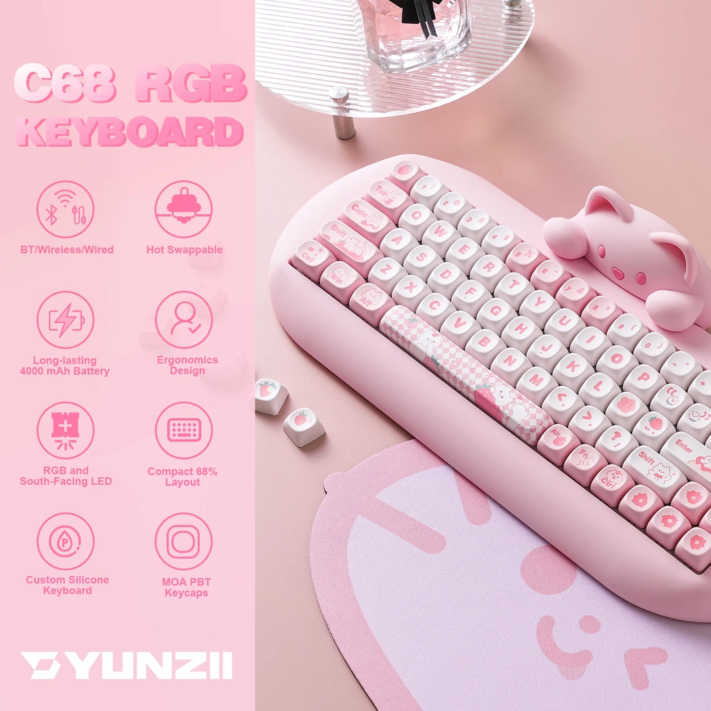 YUNZII C68 Wireless HiFi Cat RGB Mechanical Keyboard