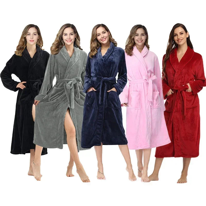 RONGTAICN Women's Winter Flannel Bathrobe Lapel Long Sleeve