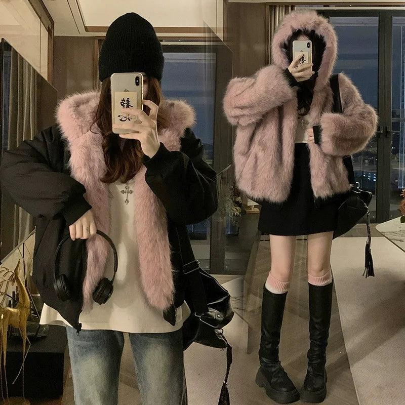 From The Vendor Field Women Hooded Double Sided Fur Coat