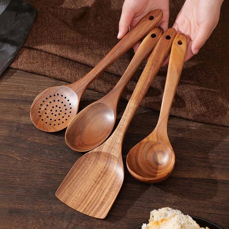 Teak Wood Utensil Set 5-Piece Kitchen Tools For Home Chefs