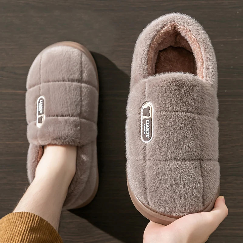 Men's Winter Plush Slippers Non Slip Warm Indoor Cotton Home Shoes