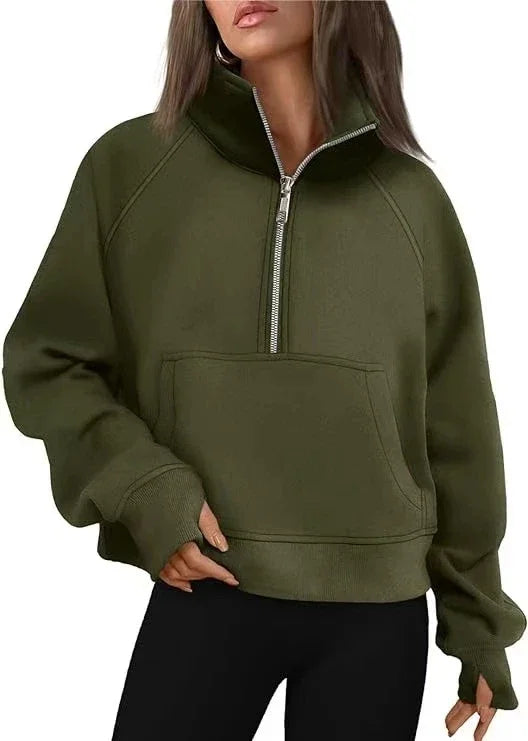 Women's Stand Collar Fleece Hoodie With Pocket Half Zip Pullover