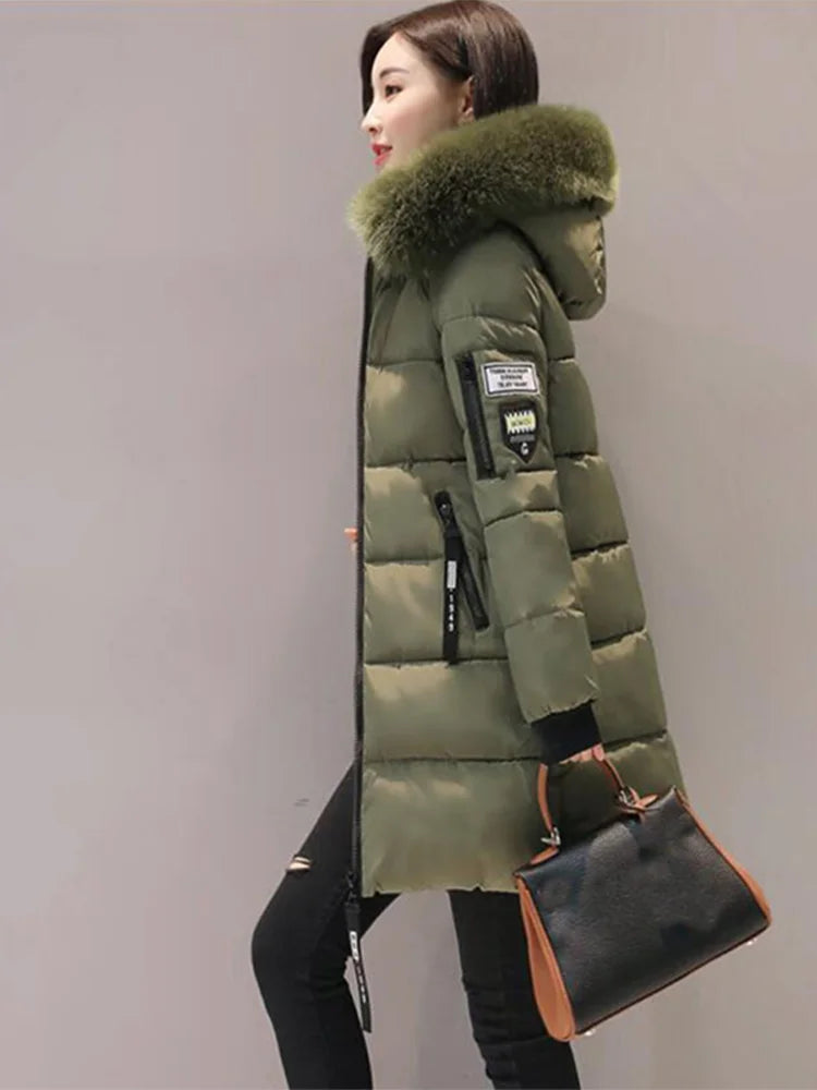 Winter Warm Fur Collar Hooded Parka For Women With Zipper Pockets