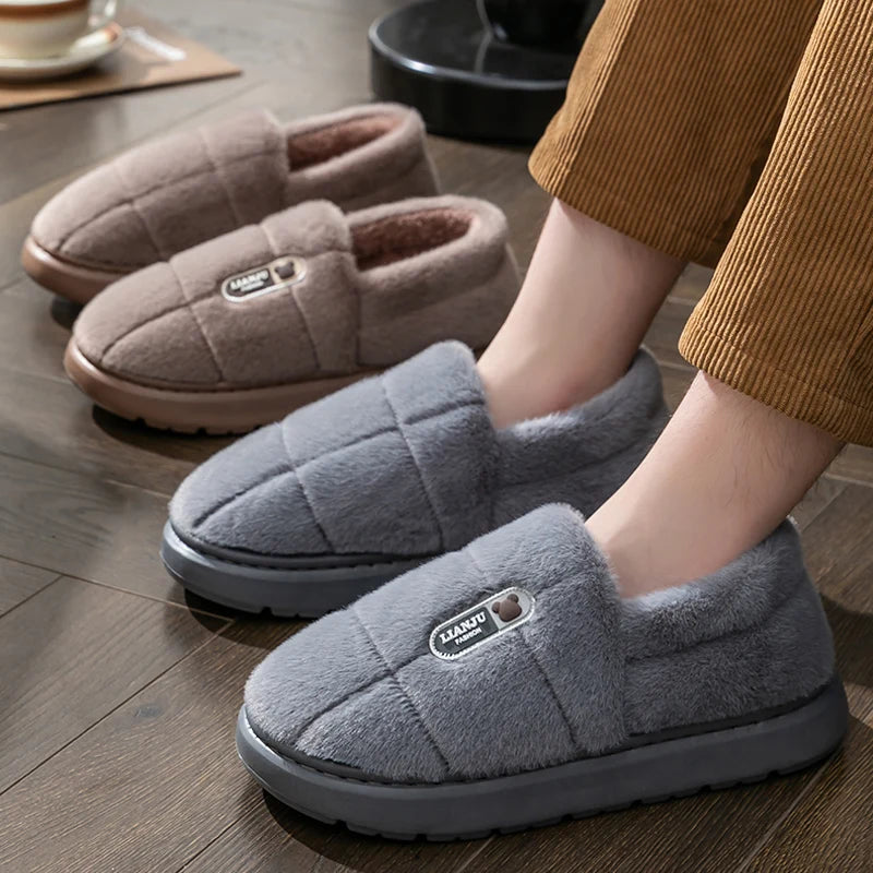 Men's Winter Plush Slippers Non Slip Warm Indoor Cotton Home Shoes