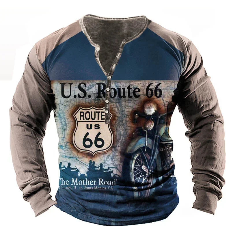 Vintage Route 66 Graphic Long Sleeve Tee Mens Casual