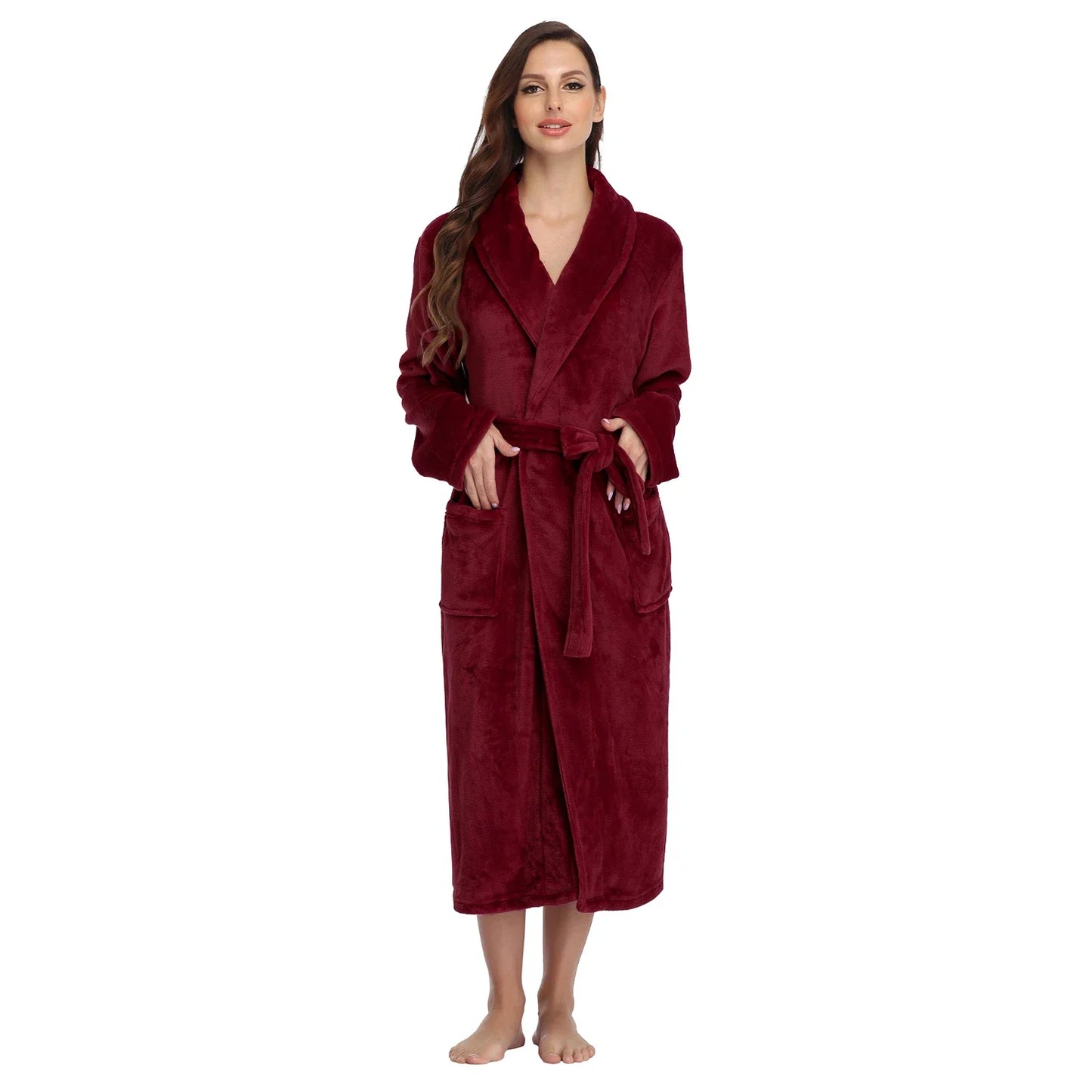 RONGTAICN Women's Winter Flannel Bathrobe Lapel Long Sleeve