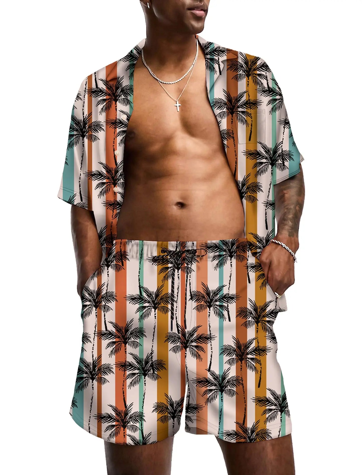 KYKU Mens Hawaiian Shirt and Short Set - Summer Short Sleeve Button Down Beach Shirts Tropical Vacation 2 Piece Outfits