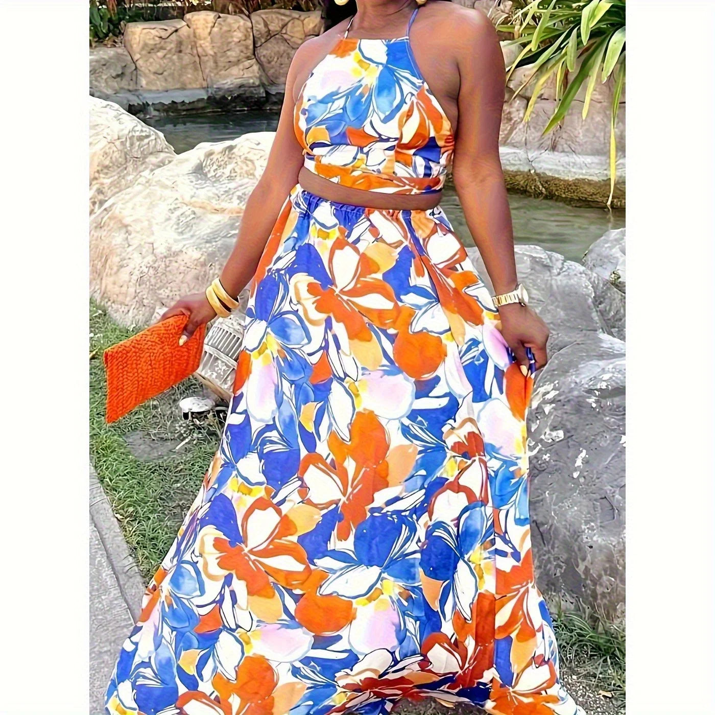 Casual Street Two-Piece Print Set Hanging Neck Sleeveless