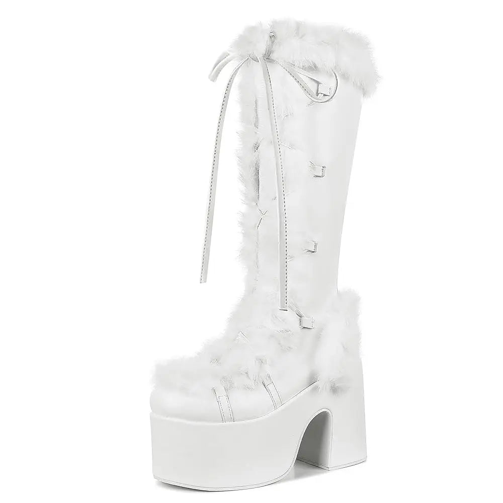 GIGIFOX Fur Super Chunky High Heel Platform Mid Calf Boots For Women