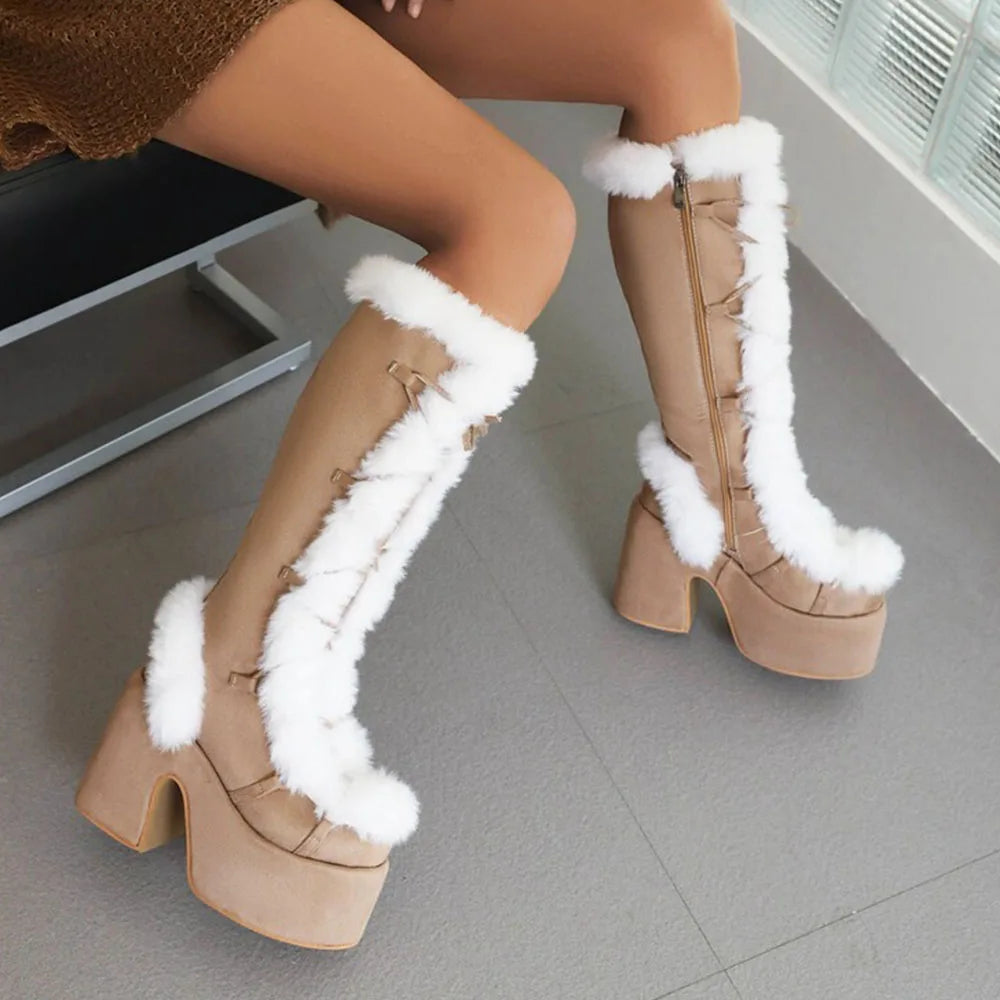 GIGIFOX Fur Super Chunky High Heel Platform Mid Calf Boots For Women