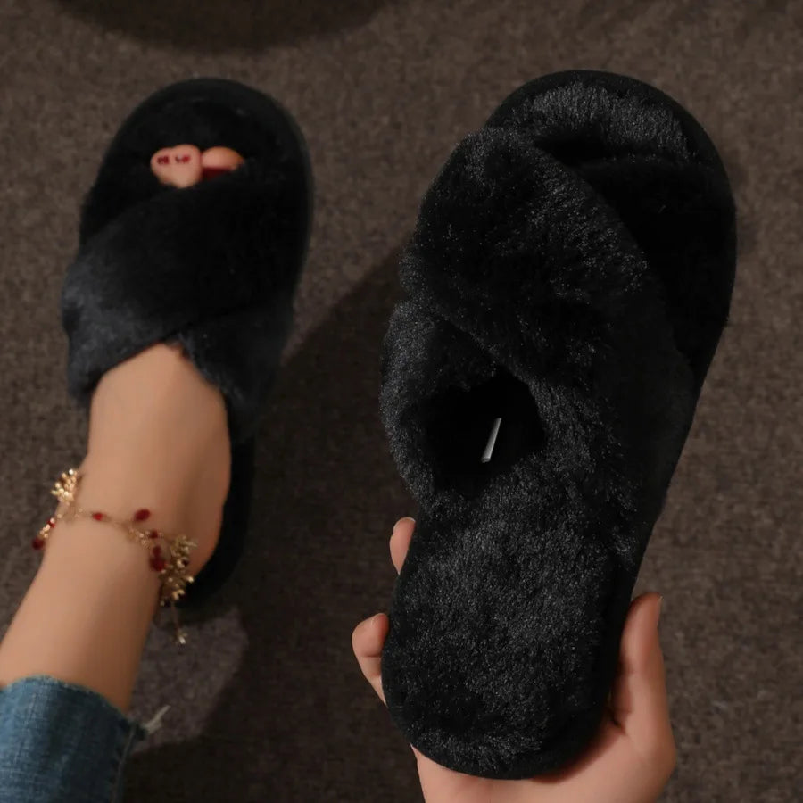 Women Cross Strap Fur Slippers Indoor Plush Home Shoes