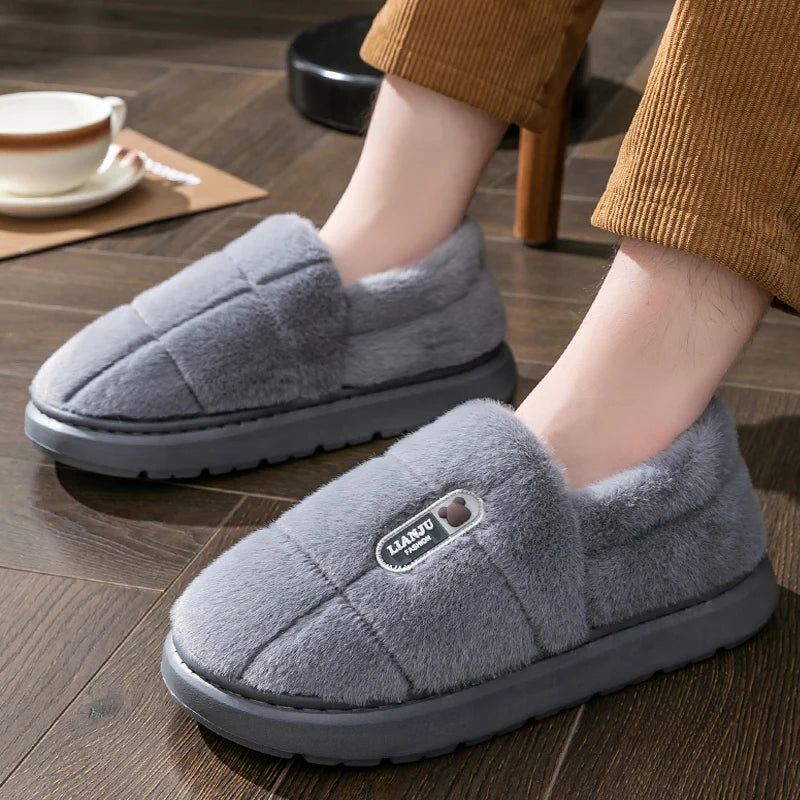 Men's Winter Plush Slippers Non Slip Warm Indoor Cotton Home Shoes