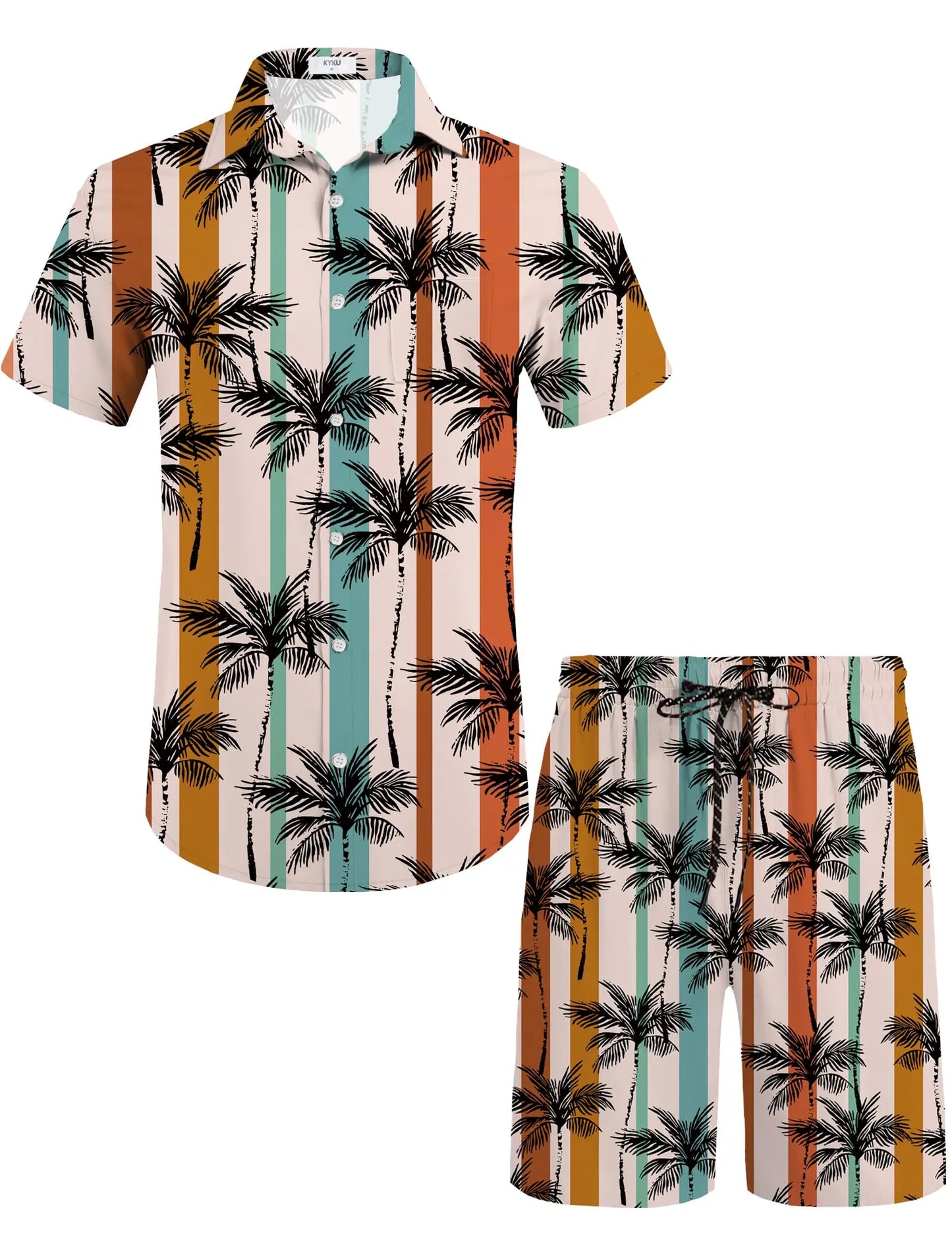 KYKU Mens Hawaiian Shirt and Short Set - Summer Short Sleeve Button Down Beach Shirts Tropical Vacation 2 Piece Outfits