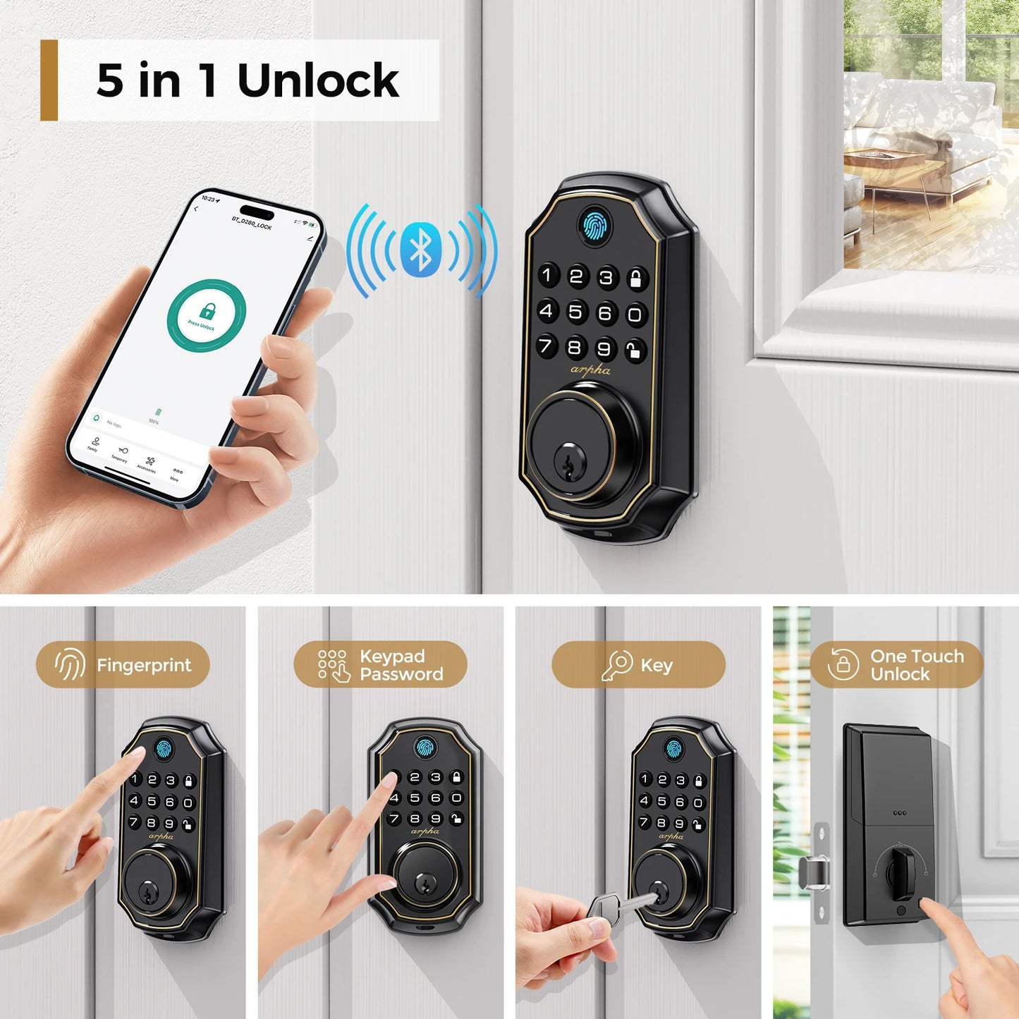 Arpha D280 Keyless Entry Door Lock 5 In 1 Smart Fingerprint Deadbolt