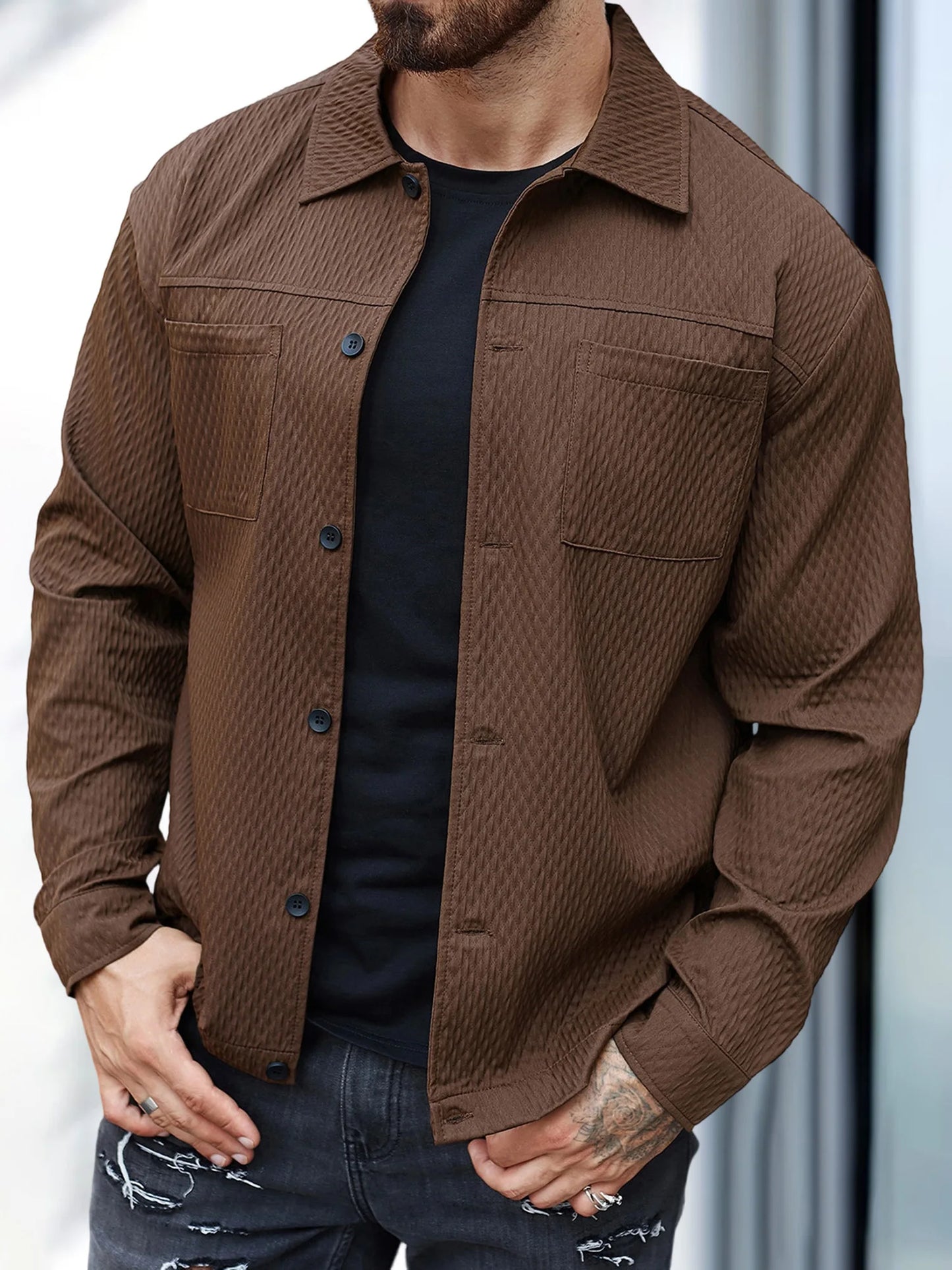 Men's Casual Shirt Jacket Regular Fit Long Sleeve Button Up