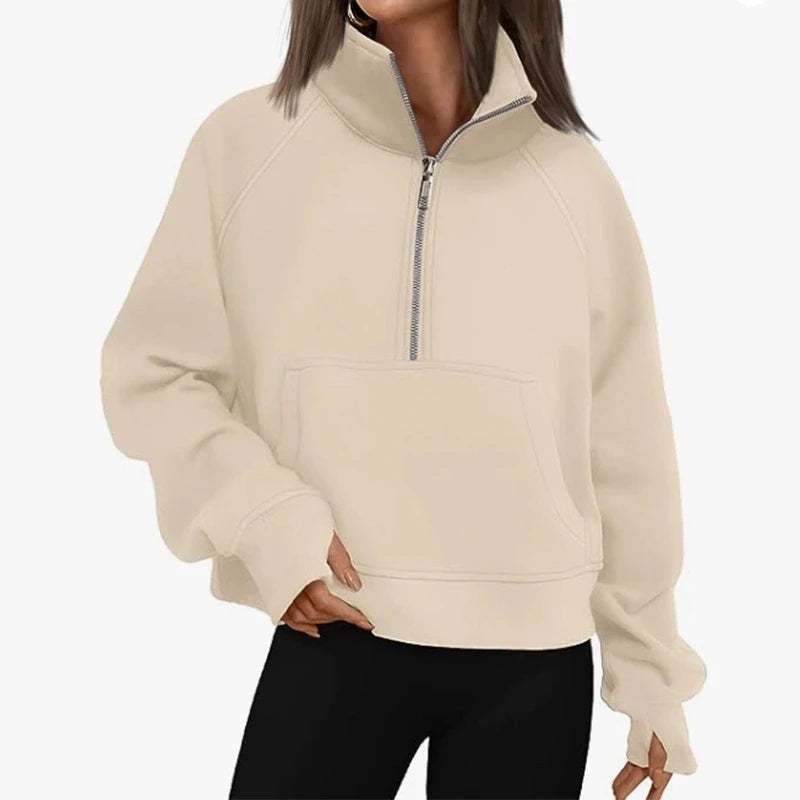 Women's Stand Collar Fleece Hoodie With Pocket Half Zip Pullover