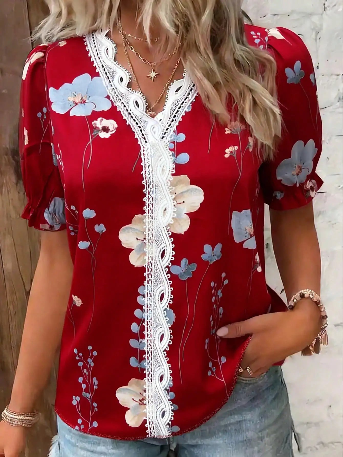 Womens Floral Print Lace Trim Puff Sleeve Top Chiffon