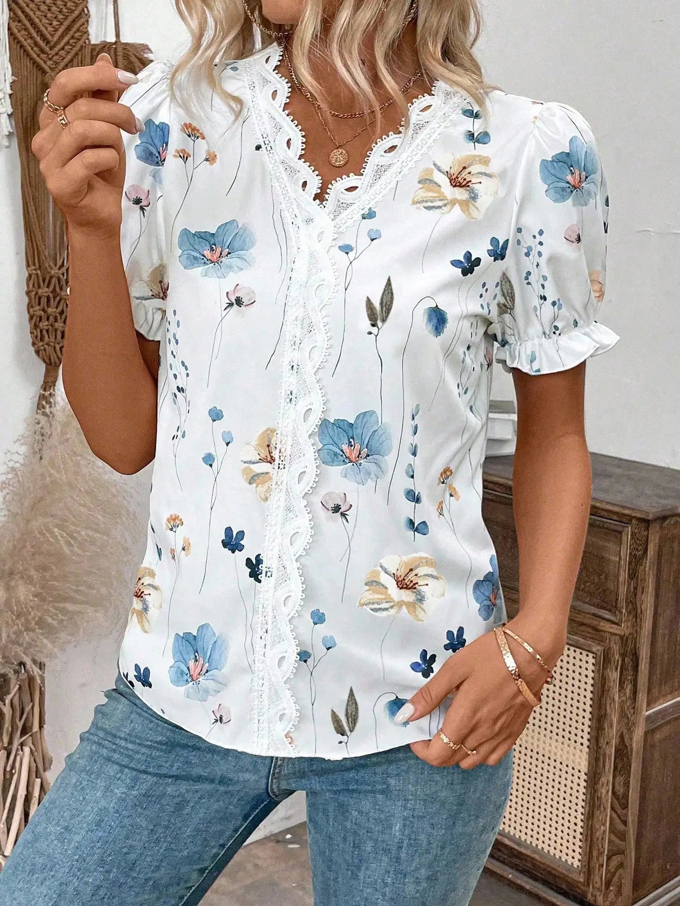 Womens Floral Print Lace Trim Puff Sleeve Top Chiffon