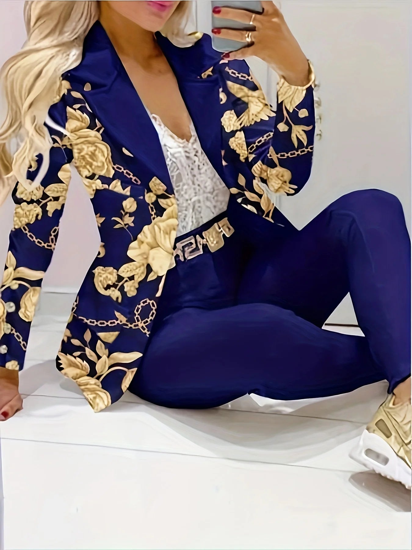 ZHUANIECN Urban Floral Digital Print Knit Pant Suit Set