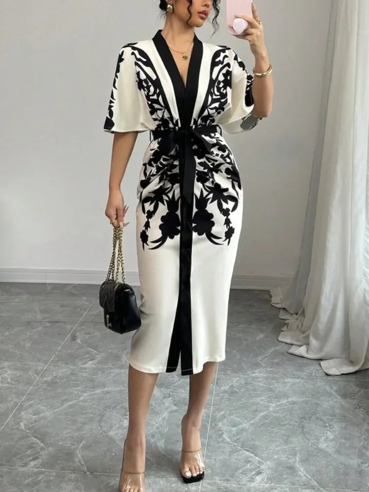 OSHOPLIVECN Women A-Line Dress V-Neck Floral Print Tie Waist