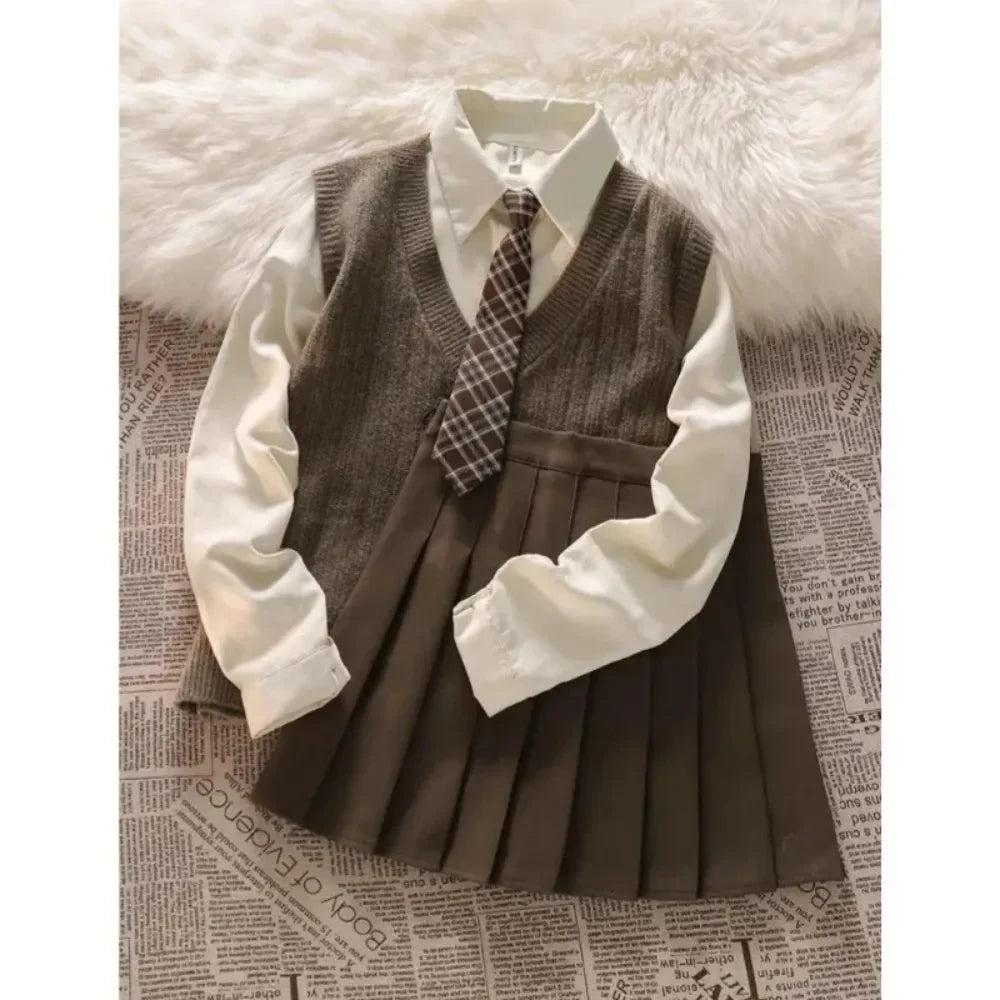 Teenage Girl Clothing Set Spring and Autumn Fashion Children's Knitted Sweater Tank Top Shirt Half Skirt 3-Piece Set JK Suit