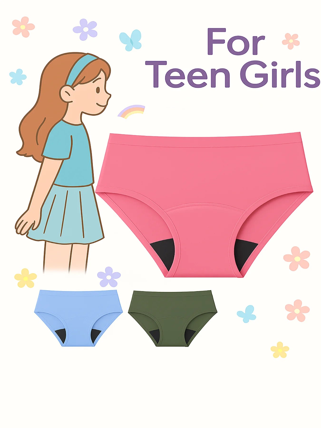 Teen Girls Seamless Period Underwear Three Pack Leakproof Heavy Flow