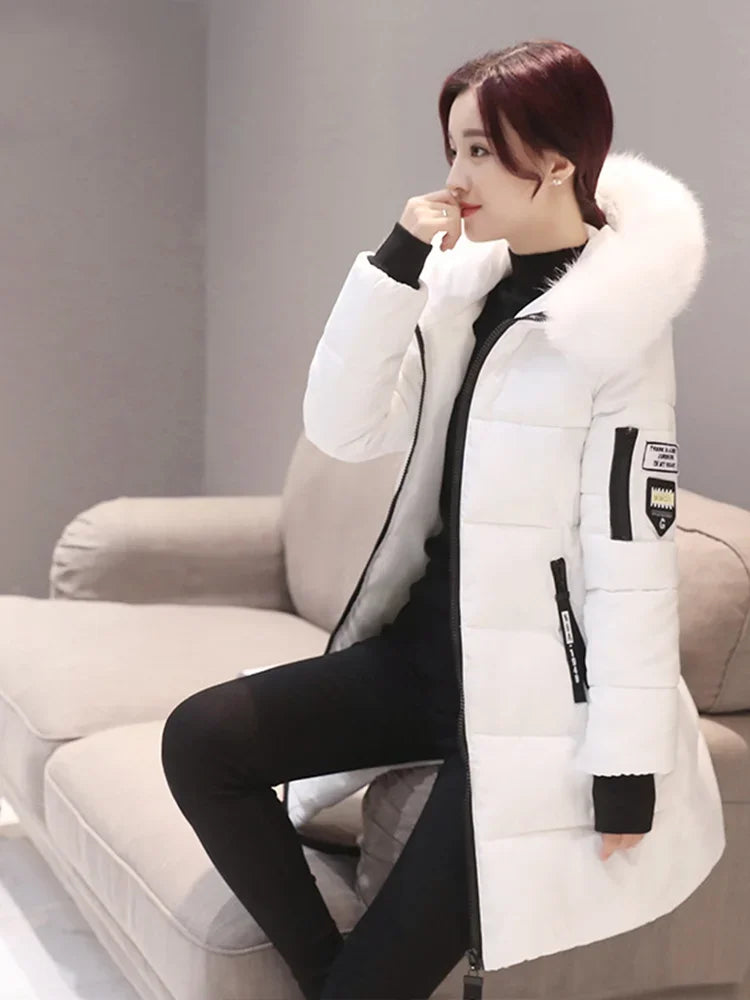 Winter Warm Fur Collar Hooded Parka For Women With Zipper Pockets